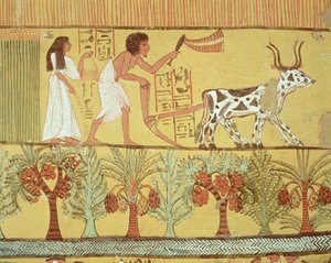 Sennedjem y su esposa en los campos sembrando y labrando, de la Tumba de Sennedjem, La Aldea de los Trabajadores, Nuevo Reino